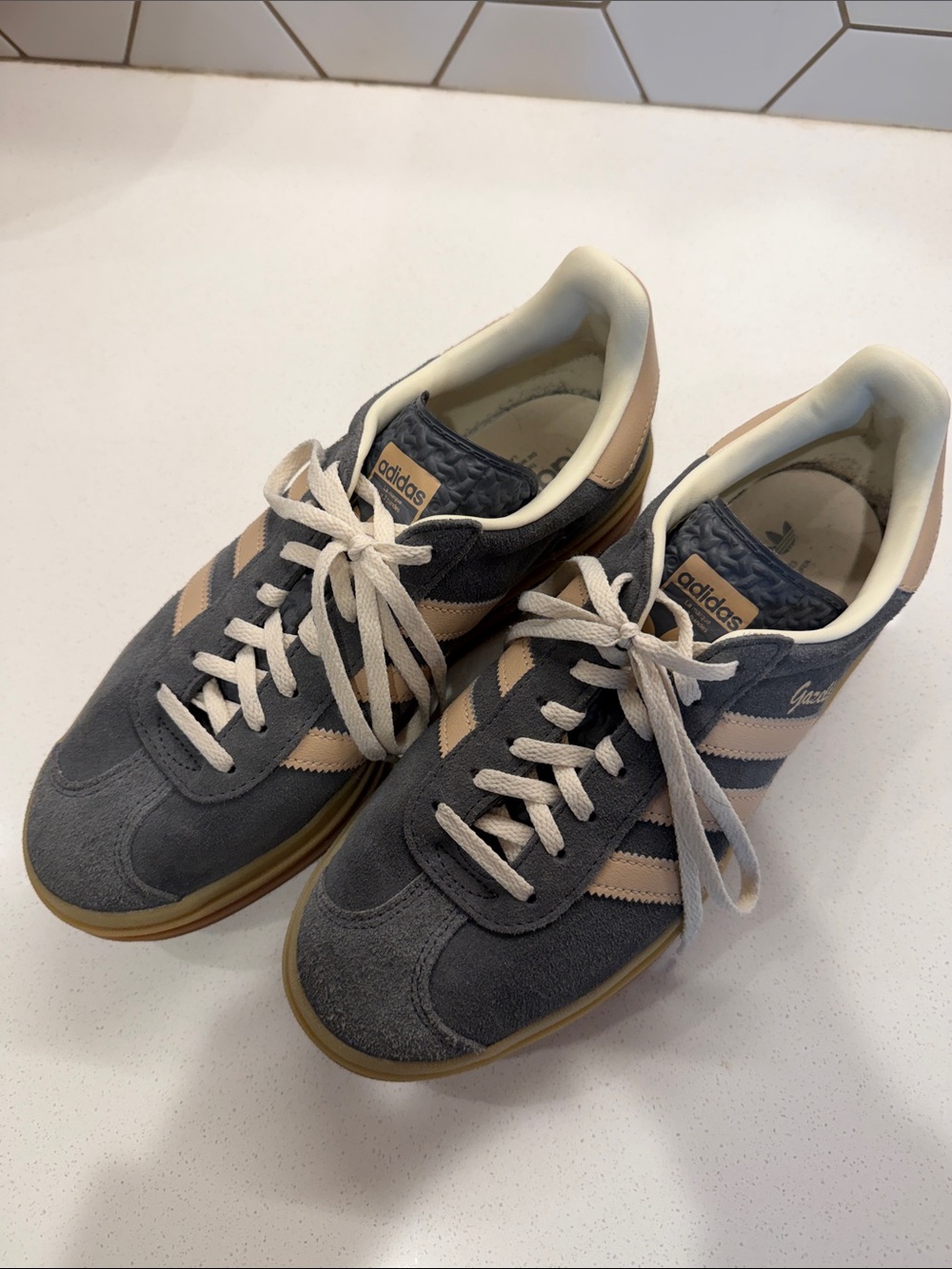 adidas Gazelle Gray and Pink Gum Sole Platform Suede Sneakers